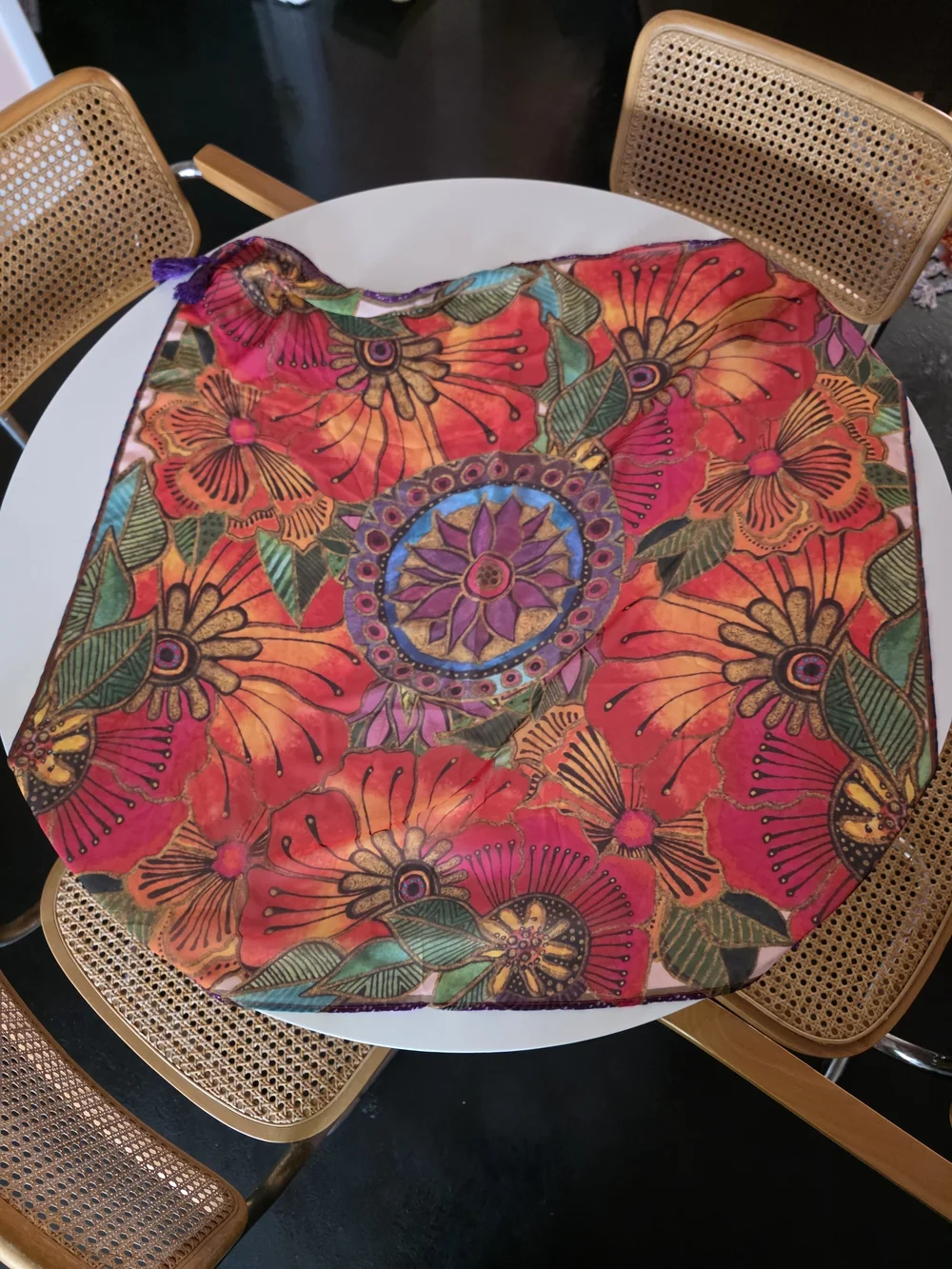 Laurel Burch Mandala Sheer Scarf Orange, Purple & Pink Floral Tassel Scarf